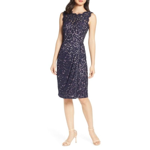 Eliza J Embroidered Lace Sheath Cocktail Evening Navy Blue Dress 2 NEW - Picture 3 of 6